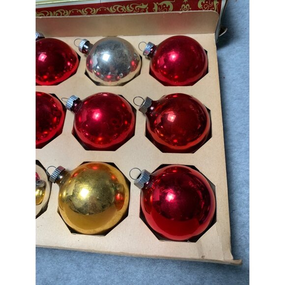 Shiny Brite Vintage Glass Christmas Ornaments Set 12 Red Gold Silver 2" Round Bo - Picture 2 of 10